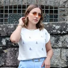 Blusa Feminina Manga Japonesa com Bordado de Âncora Verão Mar Soft Girls clean 100% Algodão