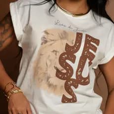 T-shirt Feminina Blusa Manga Japonesa Estampa Leão de Judá Malha 100% Algodão