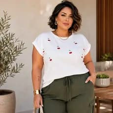 Blusa Feminina Plus Size Manga Japonesa com Bordado de Cereja Camisa Soft Clean Tecido 100% Algodão