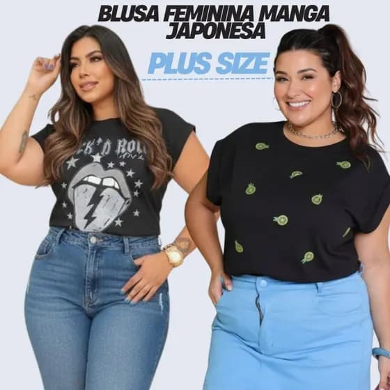 Blusa Feminina Plus Size Manga Japonesa Estampas e Bordados Variados Tecido 100% Moda Clean