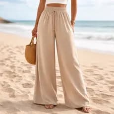 Calça Pantalona Feminina Cintura Alta  Com Bolso Tecido Duna