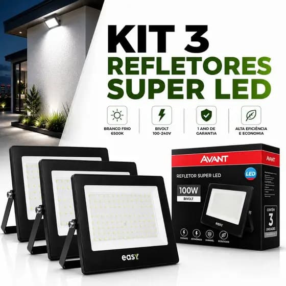3 Refletores Super Led 100W Original Galpão Loja Casa Comercio Campo Quadra Condominio