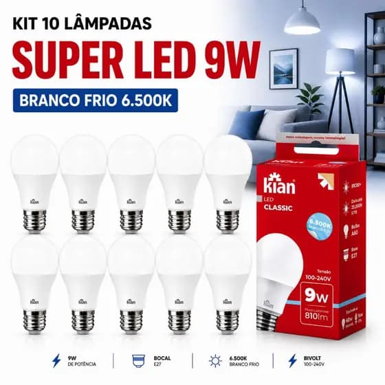 KIT 10 Lâmpadas 9W 6500K - 3000k - Super Led Econômica Branco Frio - Quente 110/220v 1 Ano Garantia