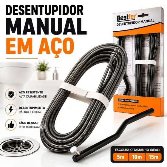Desentupidor Manual 15-10-5 Metros Para Pias Ralos e Esgotos Solução Rápida para Entupimentos