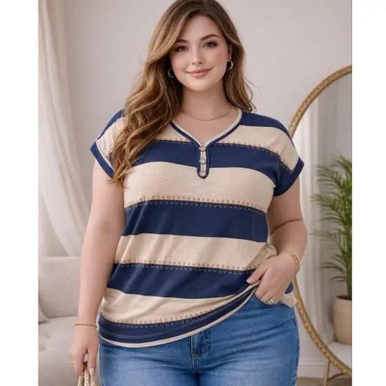 Blusa Feminina Plus Size Aurora ViscoLycra Premium Listrada GG 44 -48 Confortável Casual