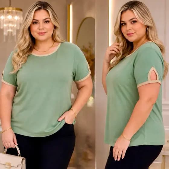 Blusa Combinado Feminina Plus Size Elegante Viscolycra Premium Manga Curta Moda Casual