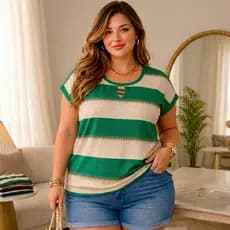 Blusa T-Shirt Feminina Premium em Viscolycra Listras Clássicas/Diferentes  e Conforto Absoluto GG 46-48
