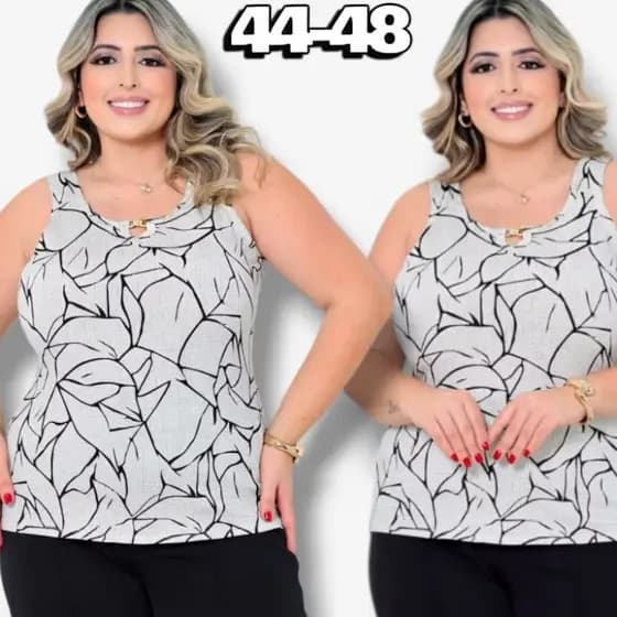 Regata Plus Size Viscolycra Premium GG 44 ao 50 Estampada Alça Larga Detalhe Dourado Confortável e Elegante