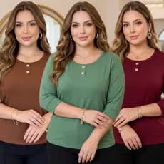 Blusa Elegance Charm Viscolycra Premium Manga 3/4 Botões Delicados GG 44-46 Básica Chic Atemporal