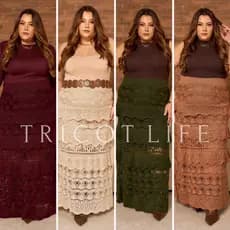 Saia Longa Tricot Rendada Plus Size 44 e 52 Elegância e Conforto