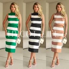 Conjunto Feminino Saia Midi  Blusa Listrado Tricot Modal Elegante Casual Confortável Versátil e Chic