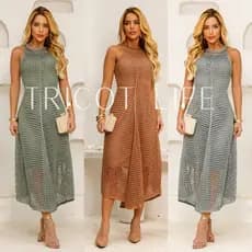 Vestido Festa Feminino Midi Crochê Tricot Saída de Praia Botões Pérola Natal Reveillon Elegante