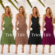 Vestido Longo Tricô Midi Feminino Rendado Forrado Babados Boho Verão Reveillon Natal Tricot Life