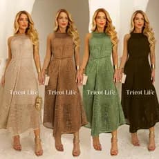 Vestido Midi Feminino Crochê Tricô Saída de Praia Longo Botões Natal Reveillon Elegante Tricot Life