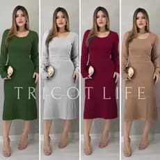 Vestido Feminino Tricot Modal Manga Longa Acinturado Fenda Moda Evangélica Gestante Casual