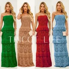 Vestido Feminino Longo Tomara Que Caia Babados Rendado Forrado Tricot Modal Tricô Elegante