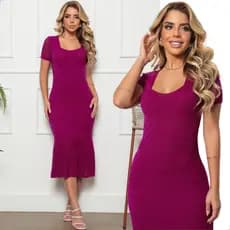 Vestido Midi Feminino Manga Curta Moda Evangélica Tricot Modal Casual Festa Elegante