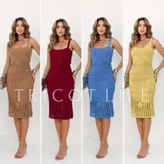 Vestido Midi Feminino De Tricô Modal Forrado Alças Rendado Flor 3D Crochê Elegante Natal Reveillon