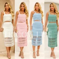 Conjunto Feminino Tricot Cropped Saia Midi Forrado Elegante Festa Praia Verão Reveillon Natal Casual