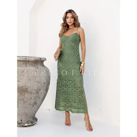 Vestido Midi Feminino Tricot Crochê Festa Verão Vestido Longo Alça Praia Boho Chic Forrado Rendado