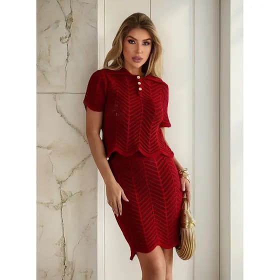 Conjunto Feminino Blusa e Saia Tricot Modal Rendada Com Forro Elegante Verão Festa Praia