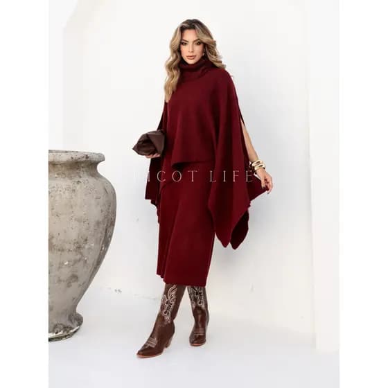 Conjunto Midi Feminino Mousse Saia E Poncho Gola Alta Tricot