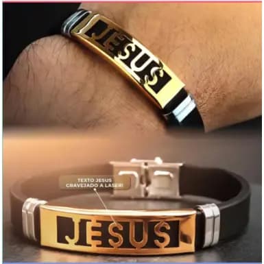 Pulseira masculina Dourada Jesus em aço Borracha Resistente