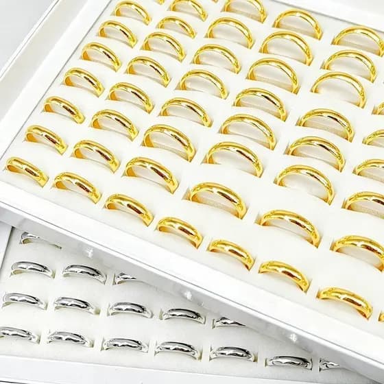 OI HELLO LOJA - Aliança Dourada Caixa Kit C/ 36 Peças 4mm Atacado Revenda Aço Inox 316L