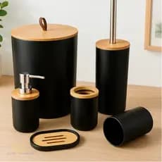 Kit Acessórios Banheiro Organização Pia Lixeira e Escova - Bambu