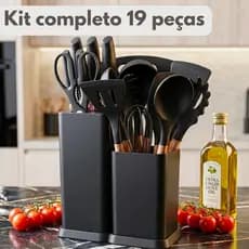 Kit Utensílios Silicone 19 Peças + Jogo Facas e Tábua: Preto Black (Não Mancha) - Cabo Madeira
