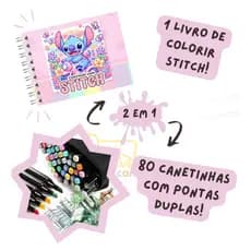 Kit Livro Colorir Lilo & Stitch + Maleta 80 Canetas Ponta Dupla (Brush + Fina)