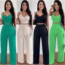 Conjunto calça pantalona e croppet areia | duna luxo verao | alfaiataria | Alça Regulagem bojo 2025