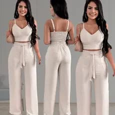 Conjunto Feminino Mais Desejado do Momento Cropped e Calça Pantalona Cintura Alta Estilo Conforto