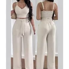 Conjunto Feminino Duna Areia Calça Pantalona e Cropped com Bojo Alça Regulável Alfaiataria
