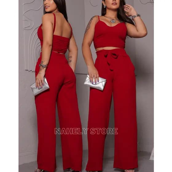 Conjunto Alfaiataria Feminino Calça Pantalona e Cropped Elegante Confortável Luxo Tecido Não Amassa