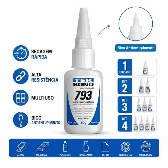 Cola Instantânea Adesivo Tekbond 793 20g Super Cola Bico Antientupimento Multiuso