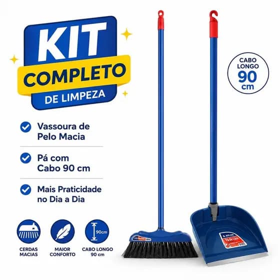 Kit Limpeza Atlas Vassoura Pelo Cerdas Macias AT3030 + Pá de Lixo Cabo 90cm AT150