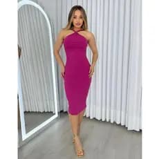 Vestido Feminino Tubinho Longo Decote Costa Nua Canelado com Fenda