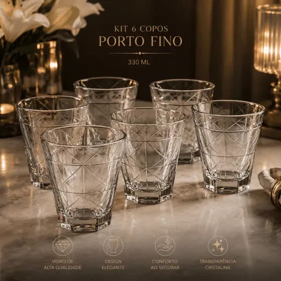 Kit 6 Copos Porto Fino Short de Vidro 330ml Transparente Resistente Rio Glass Envio FULL Promoção