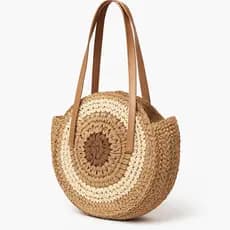 Bolsa de Praia Redonda Estilo Crochê e Palha com Zíper Chic Moda Verão