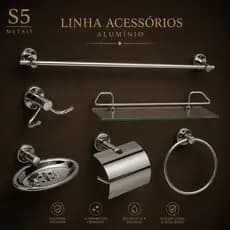 Kit Acessórios Para Banheiro Aço Inox 5 Peças + 1 Porta Shampoo Vidro Reto