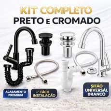 Kit Completo Torneira Banheiro Cromada/Preta + Sifão Universal + Válvula Click + Engate Inox