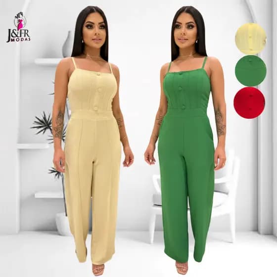 Macacão Casual Feminino Com Bolsos e Botoes Tecido Poliéster