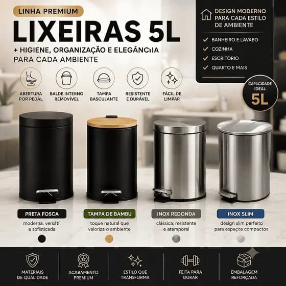 Lixeira Banheiro Pia 5L com Pedal e Balde Interno Inox Preta Fosca Bambu Banheiro Lavabo Cozinha
