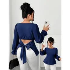 Blusa Feminina Manga Longa Elegante com Amarração nas Costas | Modelo Acinturado Moda Casual Chic