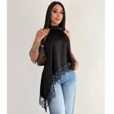Blusa Feminina Gola Alta Assimétrica  Frente Única Com Renda Bata Elegante Tendência Inverno