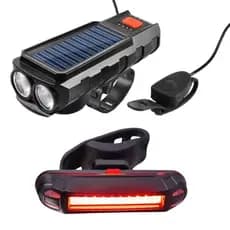 Kit Lanternas de Bike Dianteira e Traseira, Traseira duas cores, Dianteira Potente com Buzina