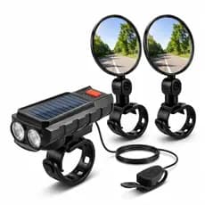Kit Bike Lanterna Farol Recarregável Solar com Buzina + Par Retrovisor Flexível 360º Redondo