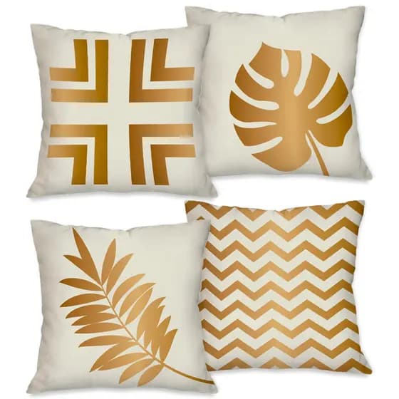 Kit com 4 Capas para Almofada Decorativas Exclusivo 45X45cm Folhas Douradas