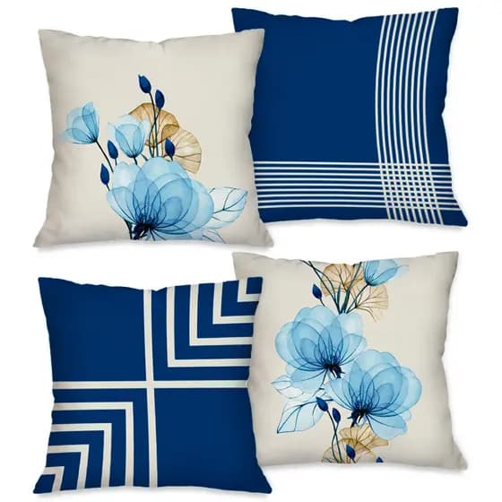 Kit com 4 Capas para Almofadas Decorativas Exclusivo 45X45cm Flores Azuis